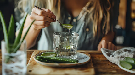 A person is using a stainless steel spoon to put the clear aloe vera juice into a glass on a wooden board