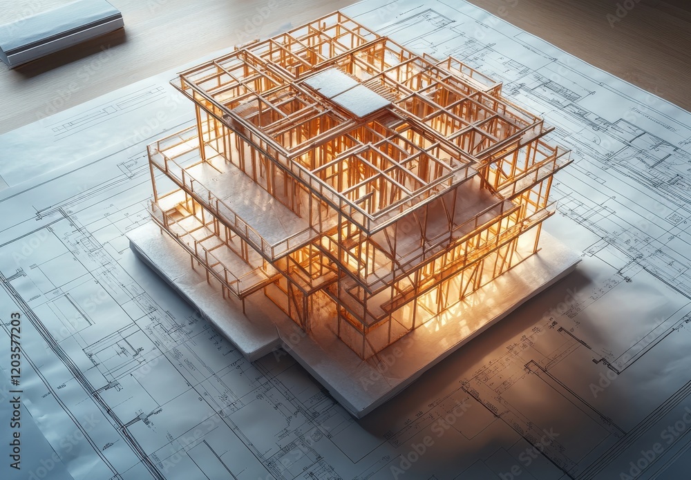 Poster detailed architectural model of a modern building with blueprint background, showcasing intricate wo