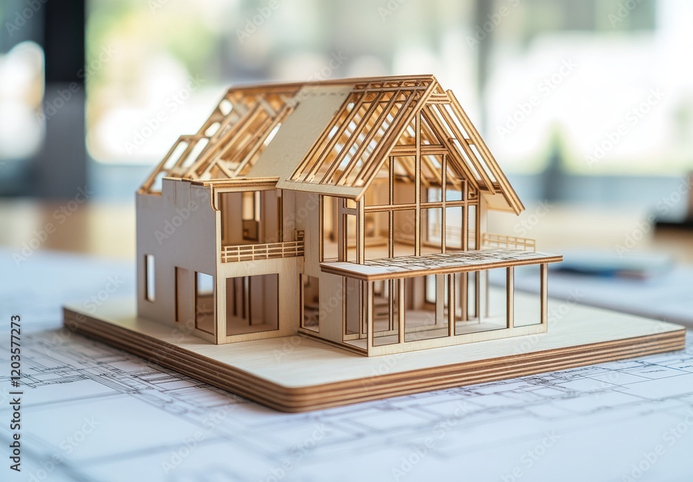 Poster detailed architectural model of a modern house featuring wooden framework and open design elements o
