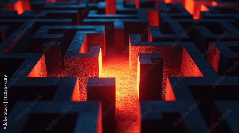 Poster an abstract representation of business strategy, with a maze of paths leading to a central target, w