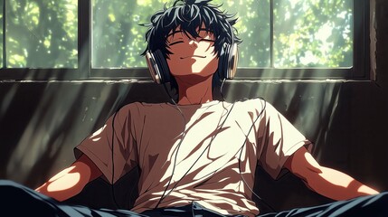 Cheerful young man lounging with headphones on, relaxed vibe.  
