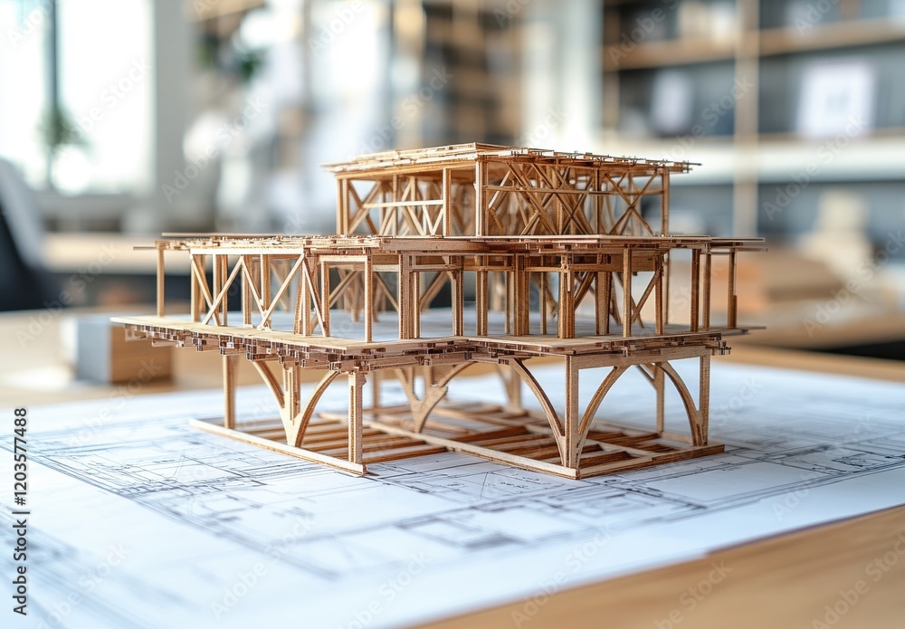 Poster detailed architectural model on blueprint plans showcasing structural elements in a modern work envi