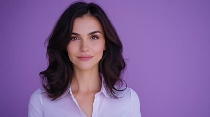 Fototapeta premium Portrait of Stylish Professional Woman Presenting News on Violet Background