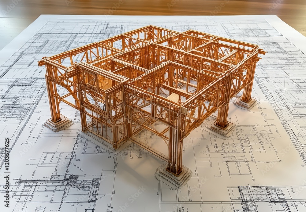 Poster detailed model of a building structure made from wooden sticks on top of architectural blueprints sh
