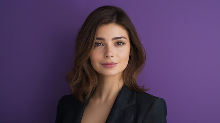 Obraz premium Portrait of Stylish Professional Woman Presenting News on Violet Background