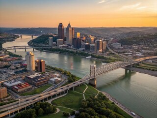 Fototapeta premium Cincinnati Ohio Dawn Aerial Photography: City Skyline at Sunrise