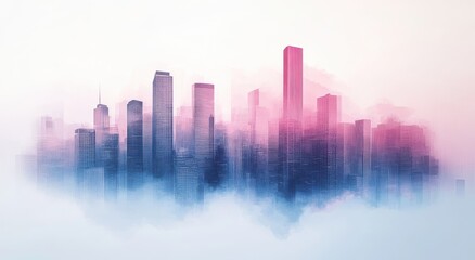 Fototapeta premium Ethereal Modern Cityscape with Soft Hues in Pink and Blue, Surrounded by Dreamy Mist, Evoking a Sense of Wonder and Serenity in Urban Landscapes
