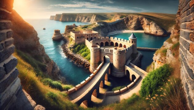 Kaliakra cape fortification during golden hour, bulgaria, black sea coast