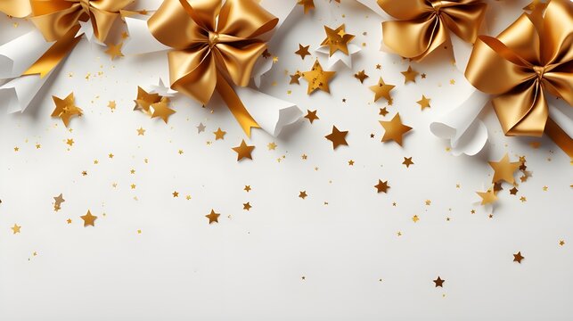 A high-definition shot of gold confetti stars and elegant ribbons on a pristine white background, leaving plenty of copy space for a festive or celebratory greeting card design. - Powered by Adobe