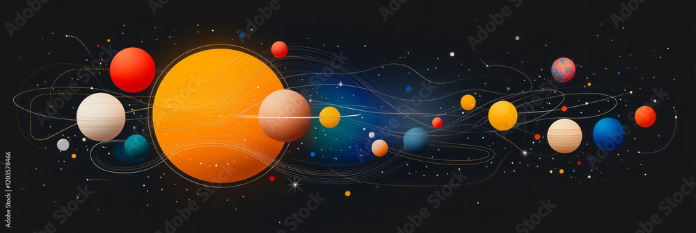 Aufkleber a detailed illustration of the solar system with planets orbiting the sun, highlighting gravitationa