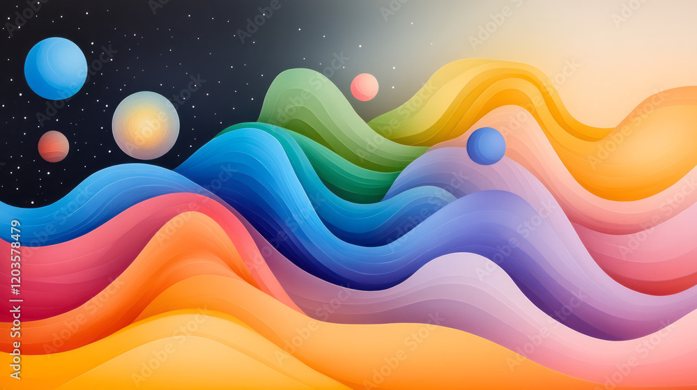 Poster a vibrant depiction of electromagnetic waves traveling through space, illustrated with colorful sine
