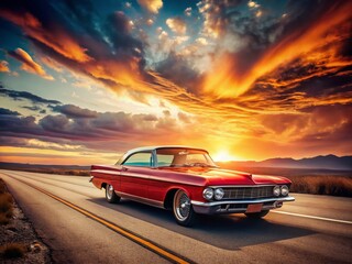 Naklejka premium Classic Red Impala Muscle Car, Sunset Highway Drive, American Icon