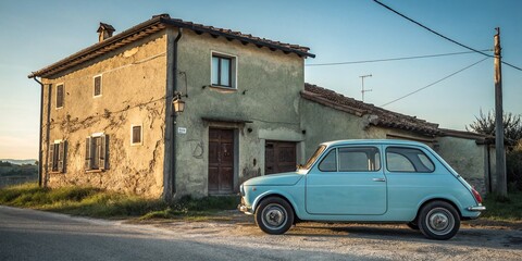 Classic Italian Car, Vintage House, Minimalist Photography, Rural Italy,  Tuscan Landscape