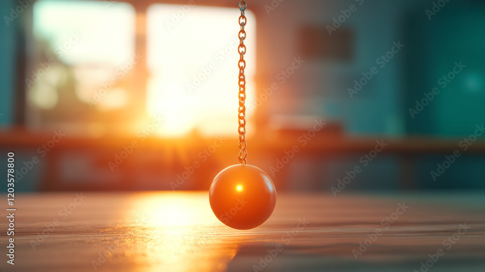 Aufkleber A serene image of a pendulum swinging in a physics classroom, demonstrating the principles of harmonic motion and energy conservation,