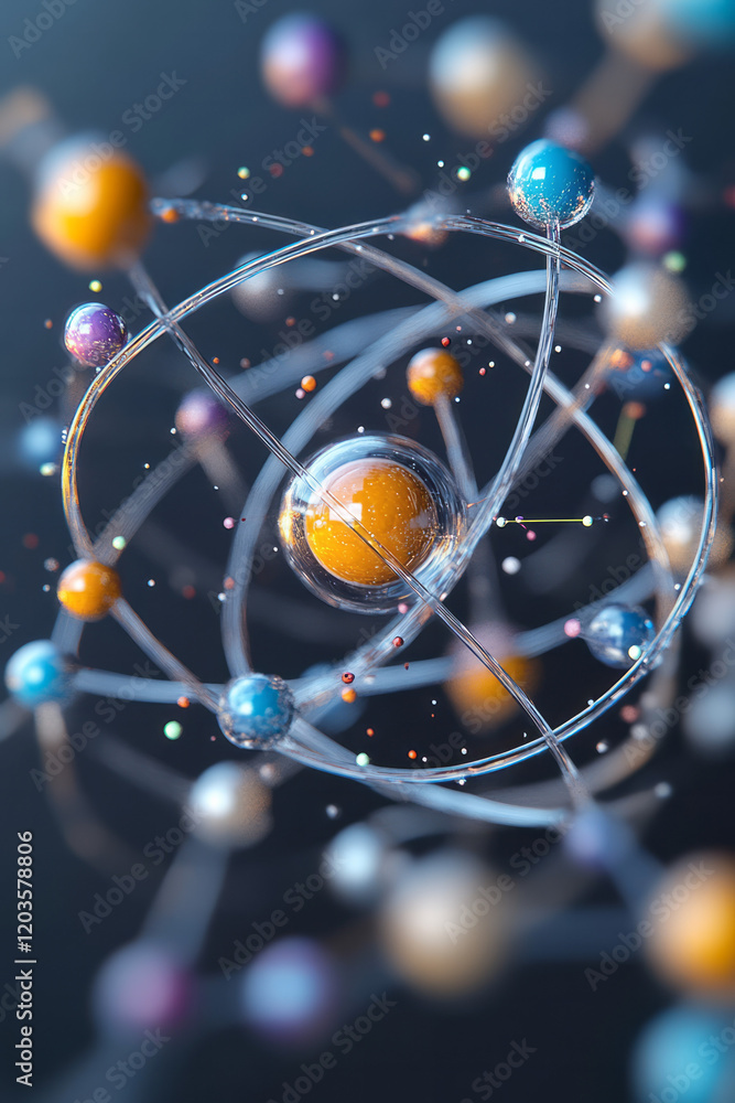 Aufkleber a detailed cross-section of an atom, highlighting electrons orbiting the nucleus with colorful energ