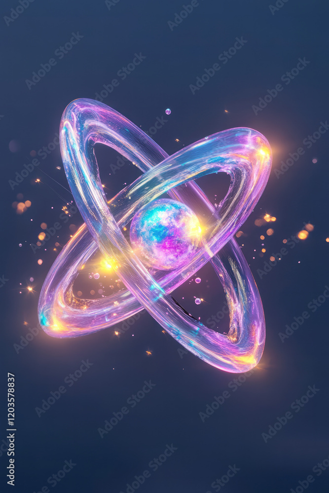 Aufkleber a detailed cross-section of an atom, highlighting electrons orbiting the nucleus with colorful energ