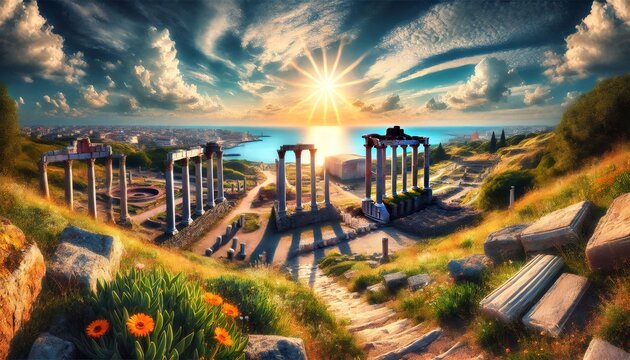 Sun shining over the ruins of the temple of serapis at pergamon in turkey