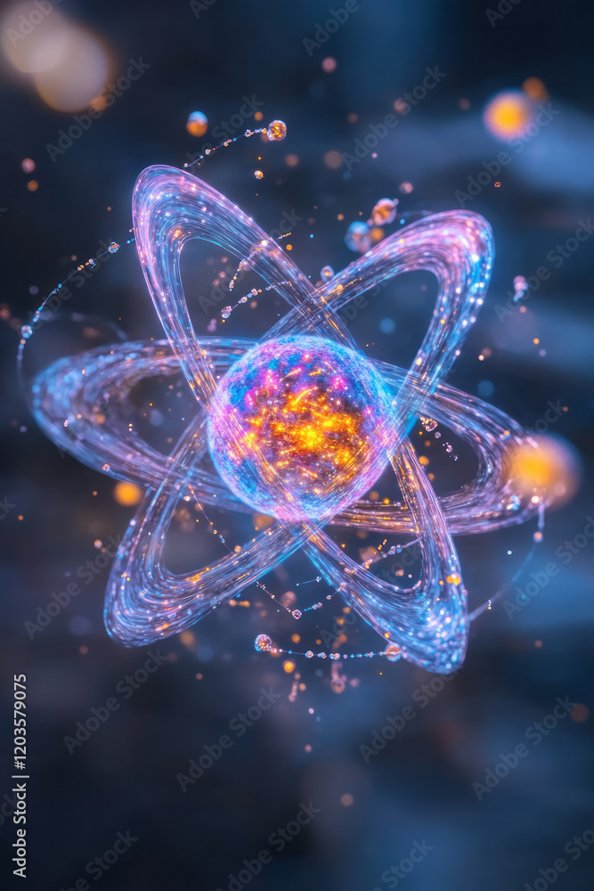 Aufkleber a detailed cross-section of an atom, highlighting electrons orbiting the nucleus with colorful energ