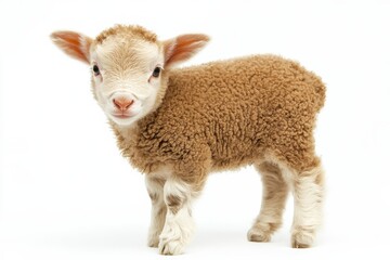 Fototapeta premium Adorable tan lamb, fluffy fleece, white background.