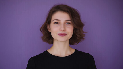 Fototapeta premium Portrait of Stylish Professional Woman Presenting News on Violet Background