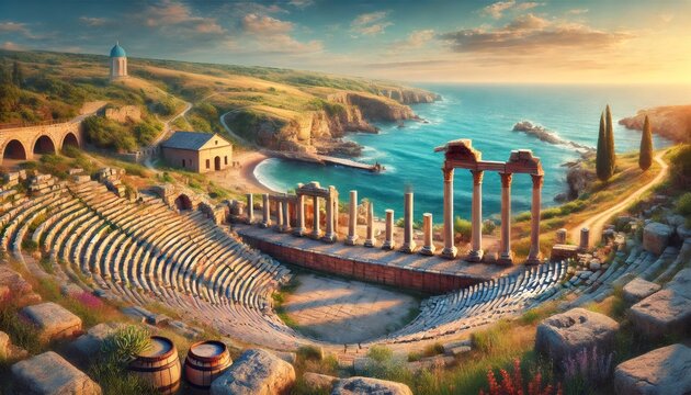Ruins of the ancient city of chersonesus illuminating golden hour on crimean peninsula