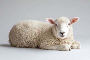 Fototapeta premium Adorable young lamb resting on a white background.