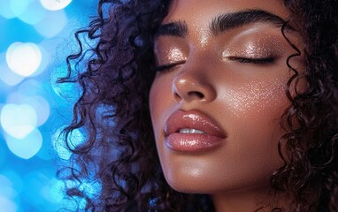 Fototapeta premium A beauty shot of a woman with glowing bronze highlighter and soft curls, against a blue heart bokeh background
