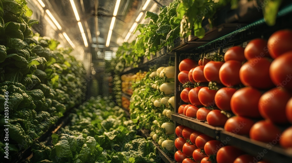 Poster smart robots working seamlessly a vertical greenhouse utilizing precision machinery to harvest fresh