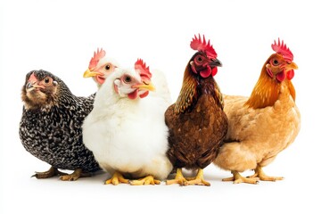 Fototapeta premium Four hens of different breeds and colors.