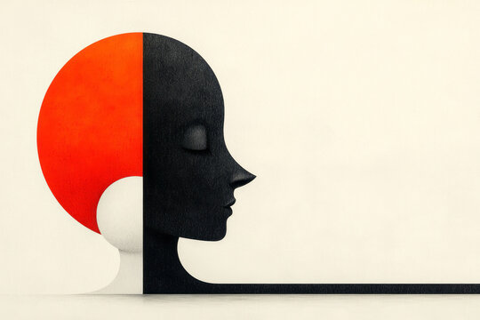 An abstract illustration of the concept of dualism, depicting the separation of mind and body through contrasting colors and shapes,