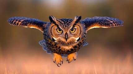 Obraz premium Great Horned Owl in flight, hunting at sunset, over grasslands, nature photography for wildlife documentaries
