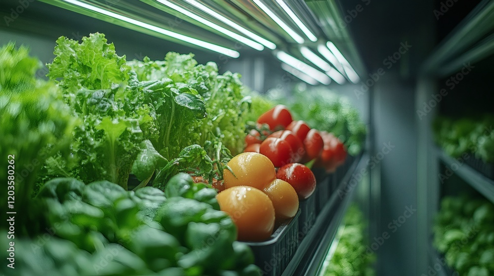 Poster smart robots working seamlessly a vertical greenhouse utilizing precision machinery to harvest fresh