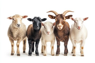 Fototapeta premium Five young farm animals stand together.