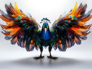 Obraz premium full body of a majestic Peacock standing, white background, featuring vibrant yellow eyes, fine detail feather, sharp focus, photo studio high resolution