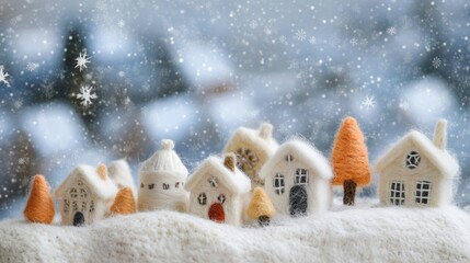 Winter felted village with cartoon wool houses and snowy landscape