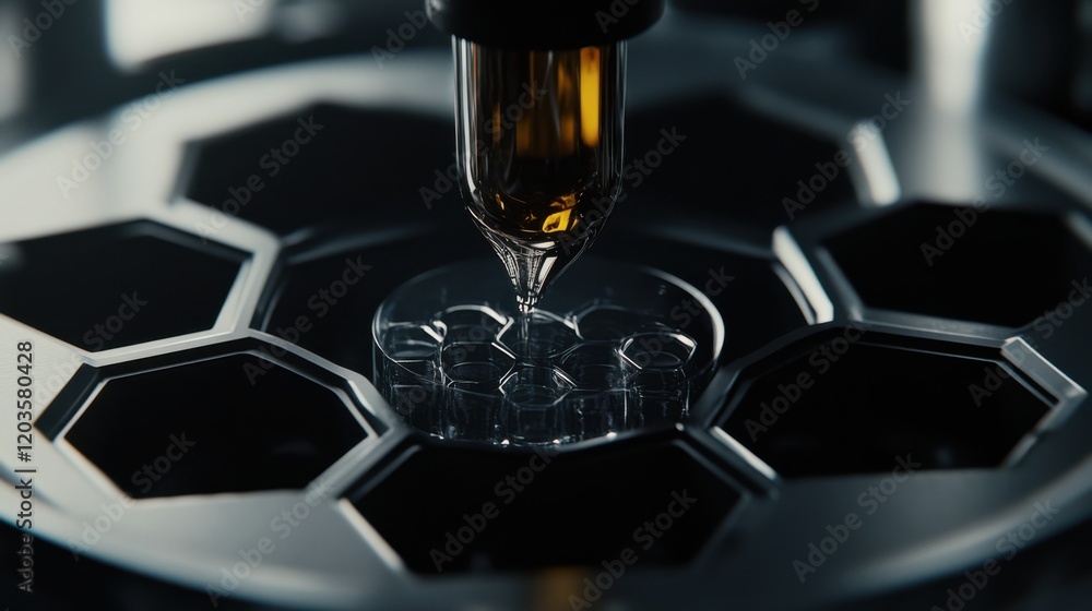 Aufkleber close-up of a precision liquid dispensing system filling micro-wells in a lab setting