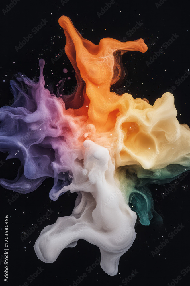 Poster an abstract representation of chemical reactions, featuring dynamic energy flows and colorful explos