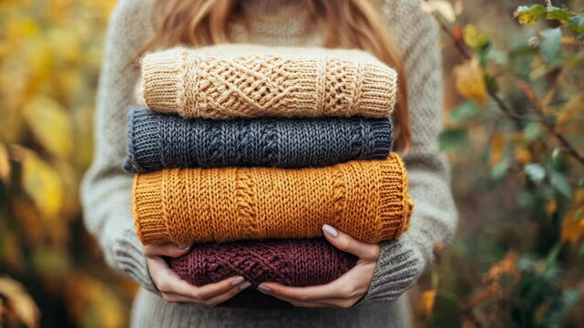 Woman holding a stack of knitted woolen sweaters in an autumn garden, close-up. Space for text, stock photo contest winner, professional photography.