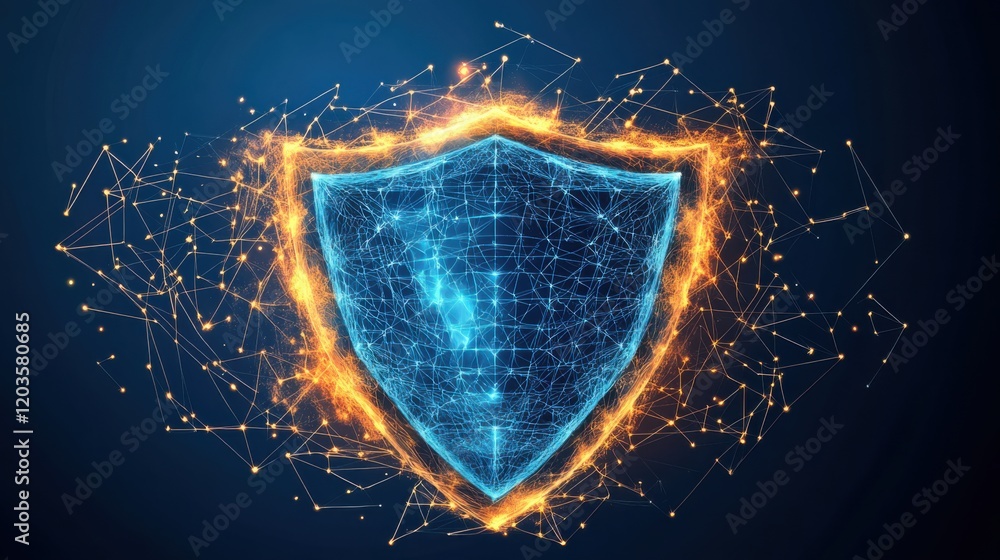 Poster abstract digital shield design with glowing lines and particles on a dark background