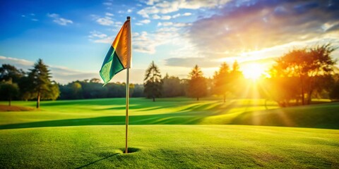 Close-up Golf Course Flag Pennant, Deep Depth of Field, Vibrant Colors, Sunny Day