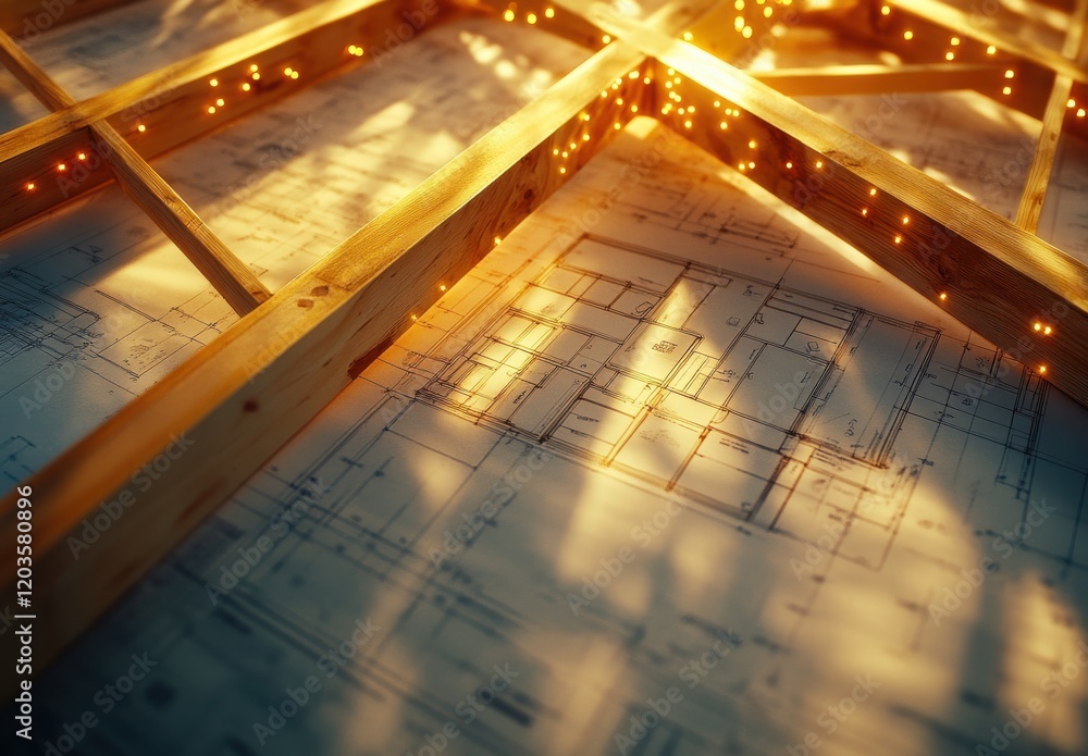 Poster illuminated wooden framework with architectural blueprints under soft lighting creating a warm ambia