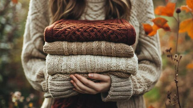 Woman holding a stack of knitted woolen sweaters in an autumn garden, close-up. Space for text, stock photo contest winner, professional photography.