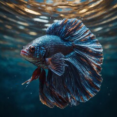 Fototapeta premium A Betta fish with shimmering metallic scales, highlighted against an abstract water ripple pattern.