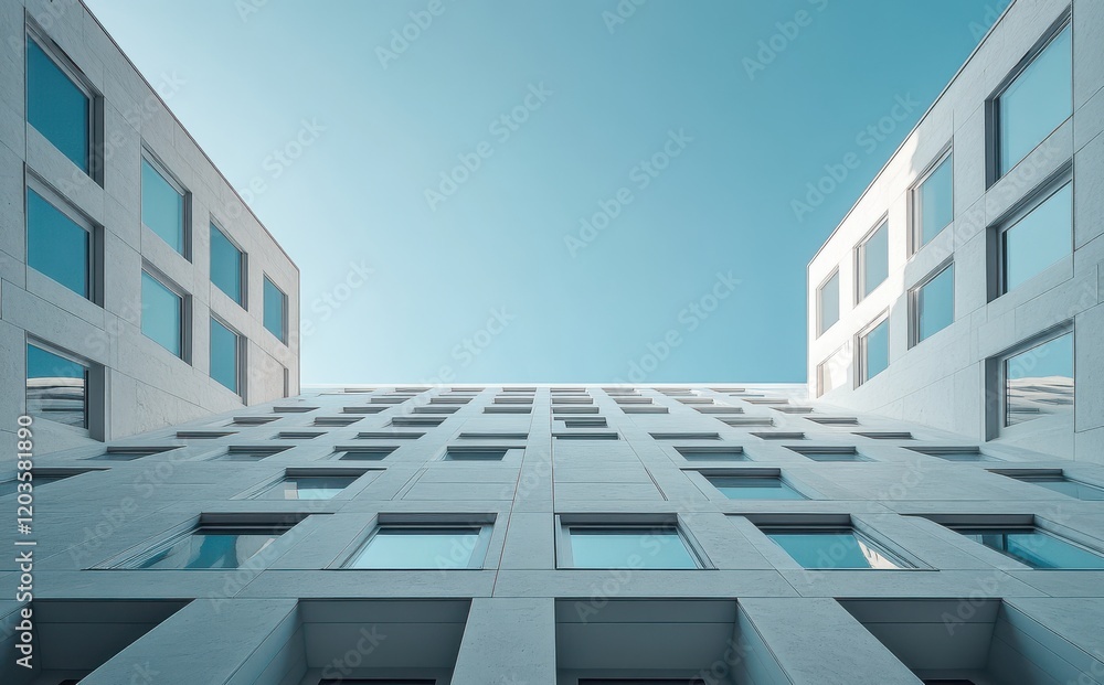 Poster modern architectural design captured from ground level showing symmetrical facade with reflections u