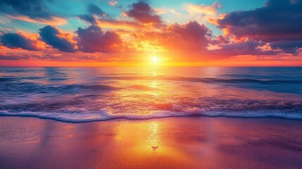 Fototapeta premium Sunset Over Calm Ocean Waves with Golden Sky and Vibrant Reflections on Sandy Beach - Serene Coastal Landscape Perfect for Tranquil Summer Getaways and Scenic Nature Views