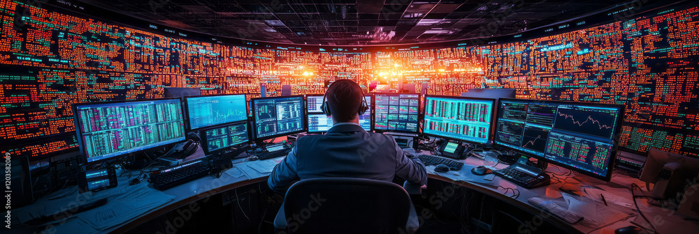 Poster a vibrant stock market trading floor with traders actively analyzing data on multiple screens and co