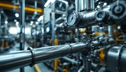 Fototapeta premium Industrial Pressure Gauge on Metal Piping System