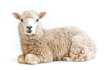 Obraz premium Adorable fluffy lamb resting on white.