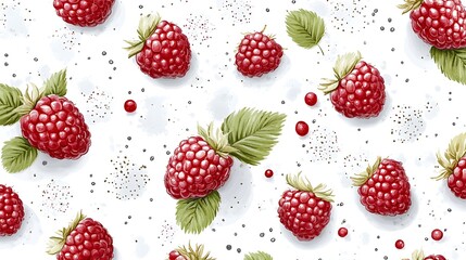 Fresh Raspberries Seamless Pattern  Watercolor Style Food Background