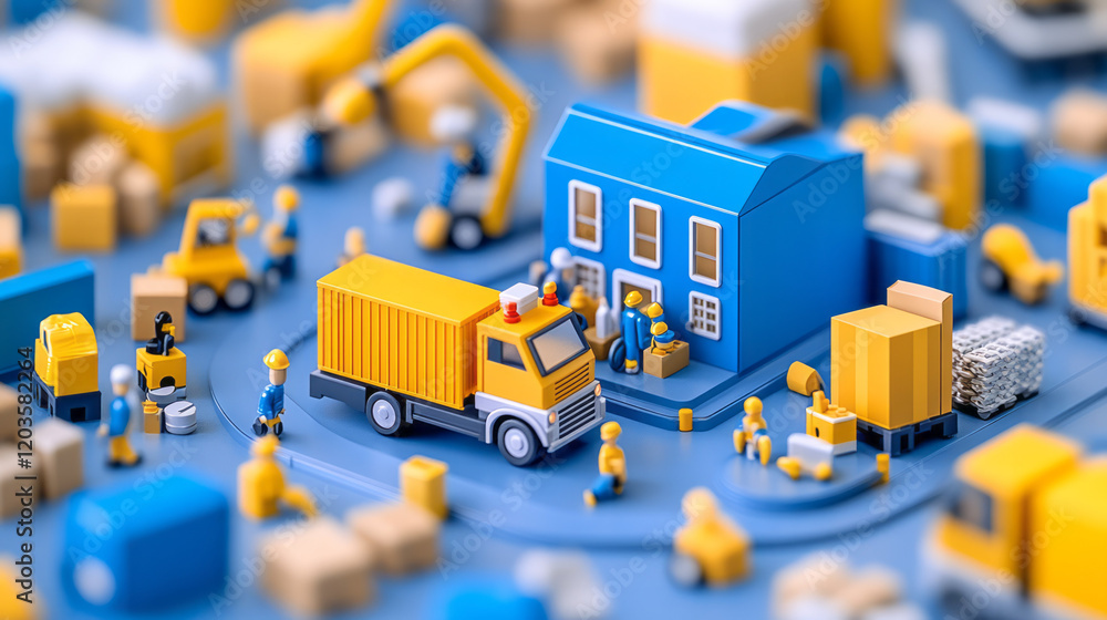 Poster a busy e-commerce warehouse with automated systems, robots, and workers efficiently managing invento